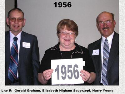 Class of 1956
Gerald Graham; Elizabeth Higham Sauerzopf; and Harry Young
Keywords: 1956 graham higham sauerzopf young