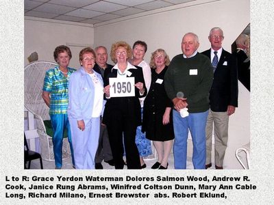 Class of 1950
Grace Yerdon Waterman; Dolores Salmon Wood; Andrew R. Cook; Janice Rung Abrams; Winifred Coltson Dunn; Mary Ann Cable Long; Richard Milano; and Ernest Brewster
Keywords: 1950 yerdon waterman salmon wood cook rung abrams coltson dunn cable long milano brewster