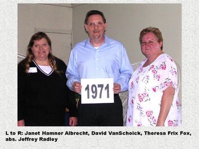 Class of 1971
Janet Hamner Albrecht; David VanSchoick; and Theresa Frix Fox
Keywords: 1971 hamner albrecht vanschoick frix fox