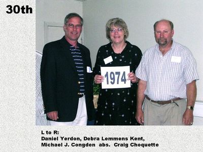 Class of 1974
Daniel Yerdon; Debra Lemmons Kent; and Michael Congdon
Keywords: 1974 yerdon lemmons kent congdon