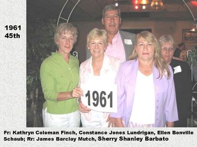 Class of 1961 45th
Front: Kathryn Colman Finch; Constance Jones Lundrigan; Ellen Bonville Schaub;
Rear: James Barclay Mutch; Sherry Shanley Barbato
Keywords: 1961 colman finch jones lundrigan bonville schaub mutch shanley barbato