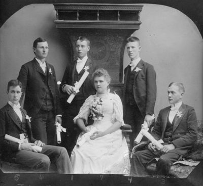 Class of 1890
1st R:  Myron F. Simmons, Nettie Amanda French, Thomas Cook Gifford
2nd R: George Joseph Skinner, John Elmer Armstrong, Addison Day Linkfield
Missing: Warwick S. Ford
