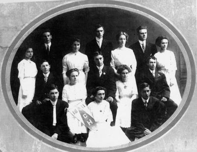 Class of 1911
Back row, L to R: Edward Hughes; George Toombs; Earle Lovenguth; 

Third row: Alice Hornung (Chester); Grace Davis; Emily Beeman; Anna Bovee (Watkin);

Second Row: Richard Pond; Louese Curtiss (Smith); Rae Candee; Elma Kittrick (Wetmore); Orson Eaton;

Front Row: Walter Bertrand Stoddard; Helen Farmer; Winfield Boehler

Photo tracked down by Tom Fanning, `69, from Mary Lovenguth Cleveland, `36,  Earl Lovenguth's daughter.
