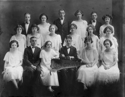 Class of 1923
1st Row: unkn, Glen S. Austin, Bernice A. Sullivan (Morris), C. Boehm Rosa, Dorothy F. Williams (Phillips) unkn

2nd Row: Hazel J. Price (Grinnell), Florence Waldron (Long), Doris B. Tuttle (Carlson), Genevieve R. Watkin (Siebert), Margaret E. Myers (Burgess), Ida May Meier (Ammann)

3rd Row: Paul Saddlemire, Margaret M. Wasson (Peters), Lawrence K. Shaver, Marion M. Dale (Clements), Wilson S. Perkins, Faith J. Prichard (Huntington)

Unidentified: Evangeline Burns (West),  Alice Gearhardt, Hazel Kandler
