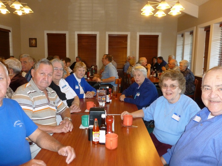Shown in the picture from Left to Right: (partially hidden) Bruce Theobald, `57, reunion organizer; David Spainhower, `51; Anita Phelps Lockhart, `51; Suzanne Theobald Elston, `56; Patricia Theobald Abrams, `51; Jean Standing Smith and Clarence “LeRoy” Smith, `51. Jean and Roy have attended all of the reunions, Pat missed one.